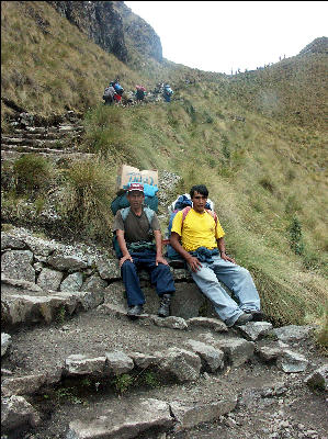 Porters resting on the trail up to Dead Woman's Pass Inca Trail